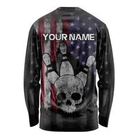 Personalized Skull Bowling Long Sleeve Shirt Distressed American Flag in Dark Grunge Design - Wonder Print Shop