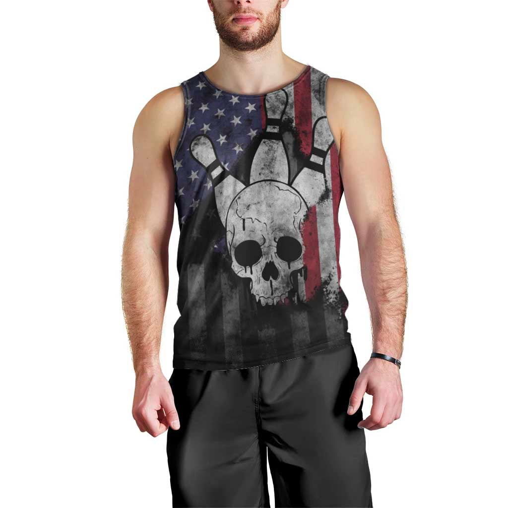 Personalized Skull Bowling Men Tank Top Distressed American Flag in Dark Grunge Design - Wonder Print Shop