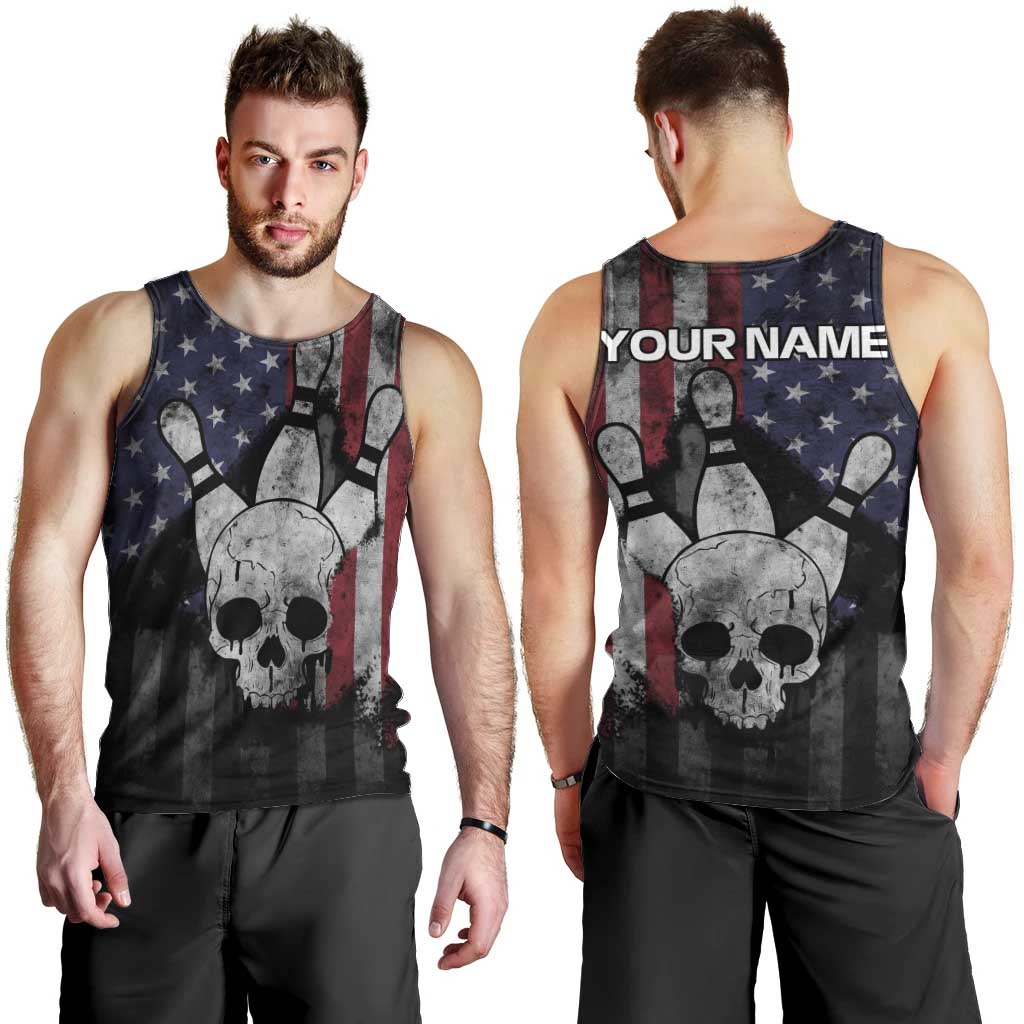 Personalized Skull Bowling Men Tank Top Distressed American Flag in Dark Grunge Design - Wonder Print Shop