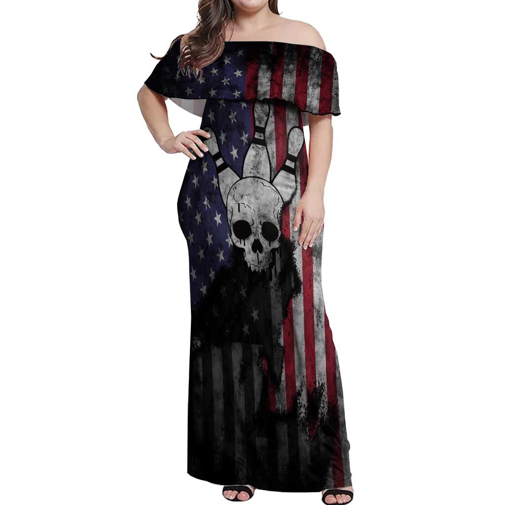 Personalized Skull Bowling Off Shoulder Maxi Dress Distressed American Flag in Dark Grunge Design - Wonder Print Shop