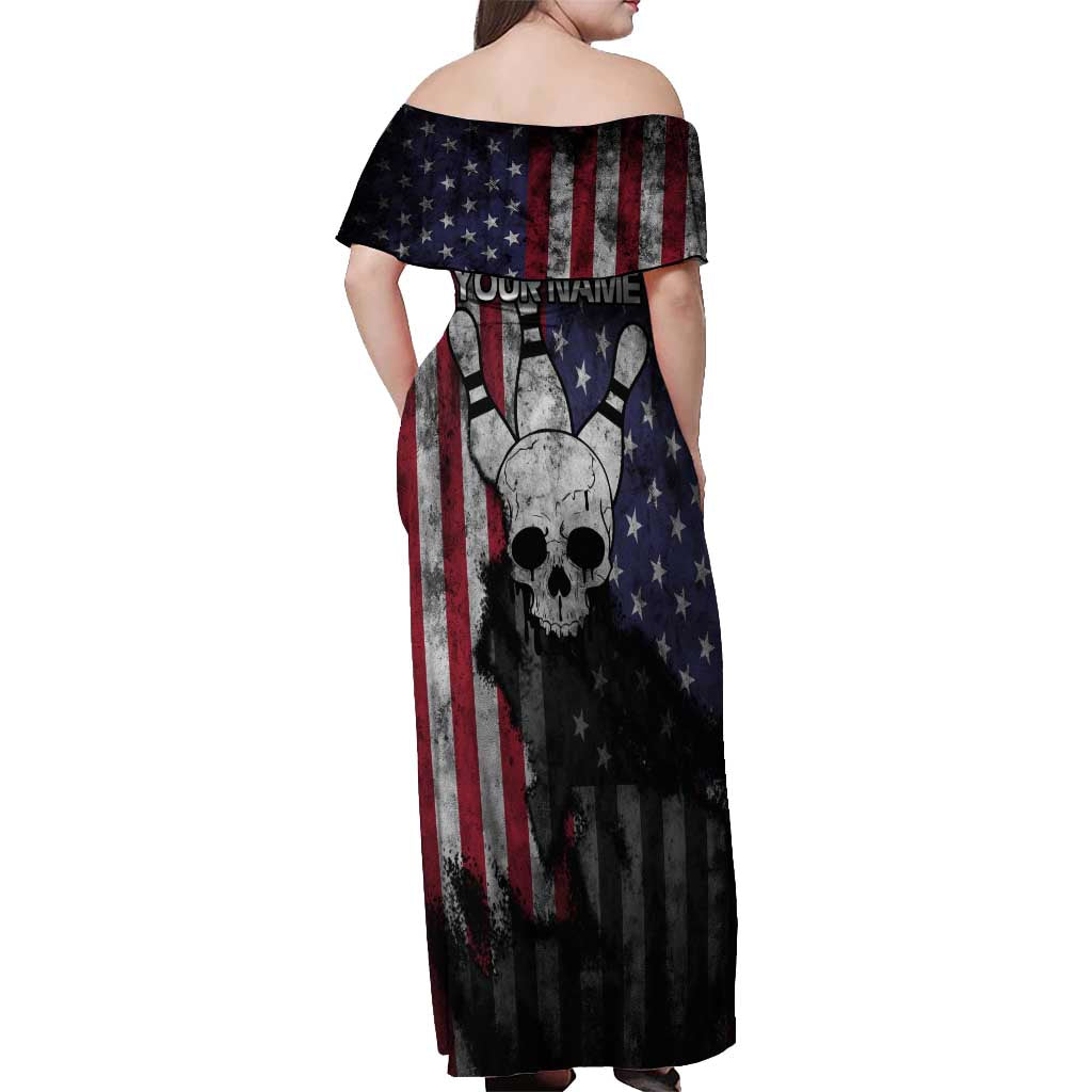 Personalized Skull Bowling Off Shoulder Maxi Dress Distressed American Flag in Dark Grunge Design - Wonder Print Shop