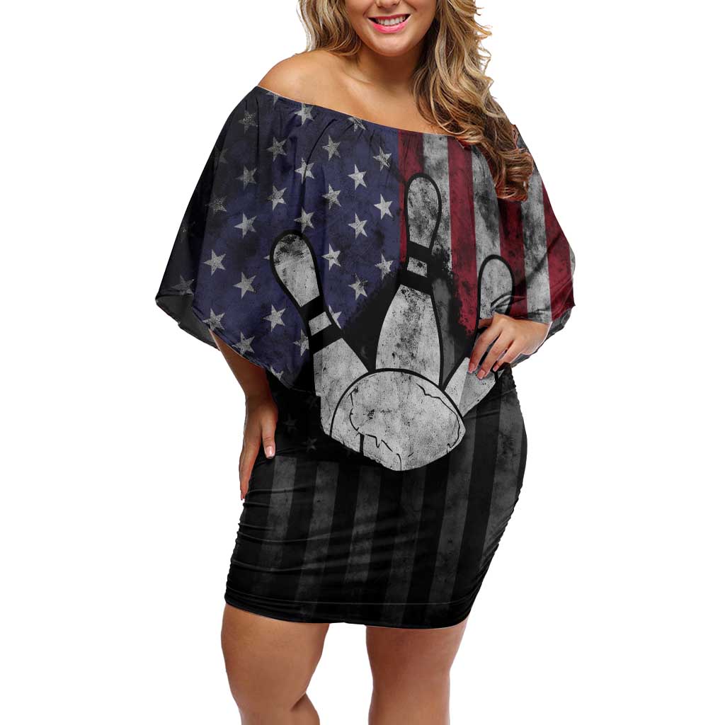 Personalized Skull Bowling Off Shoulder Short Dress Distressed American Flag in Dark Grunge Design - Wonder Print Shop