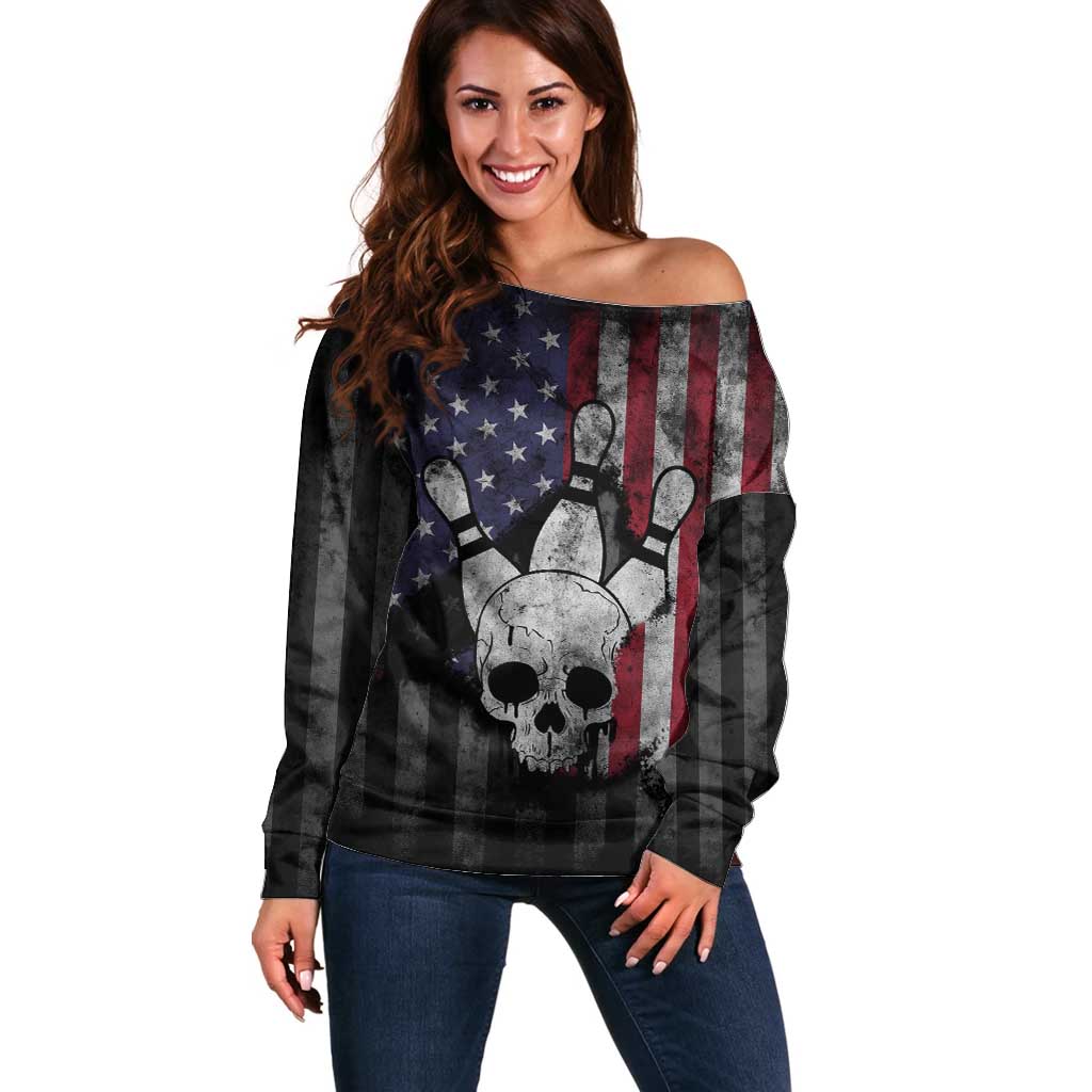 Personalized Skull Bowling Off Shoulder Sweater Distressed American Flag in Dark Grunge Design - Wonder Print Shop