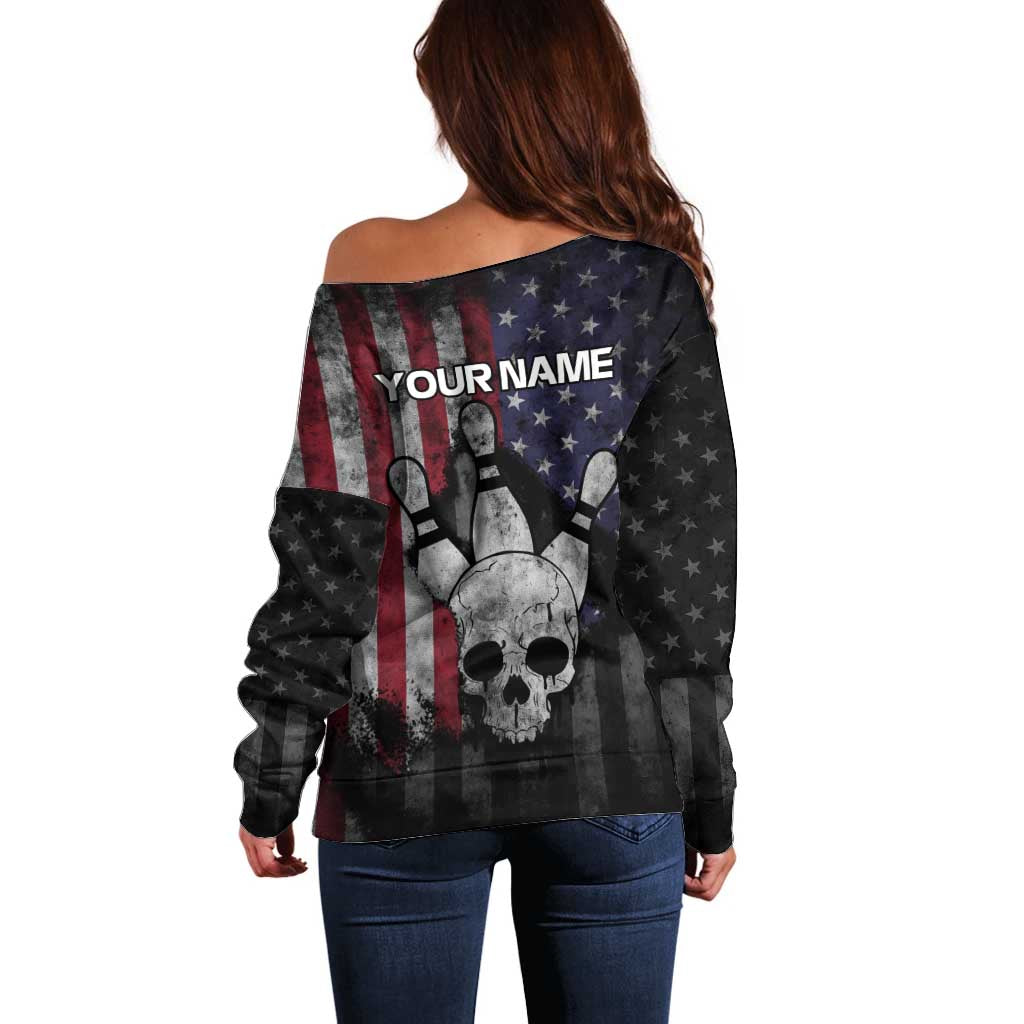 Personalized Skull Bowling Off Shoulder Sweater Distressed American Flag in Dark Grunge Design - Wonder Print Shop