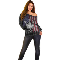 Personalized Skull Bowling Off Shoulder Sweater Distressed American Flag in Dark Grunge Design - Wonder Print Shop