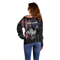 Personalized Skull Bowling Off Shoulder Sweater Distressed American Flag in Dark Grunge Design - Wonder Print Shop