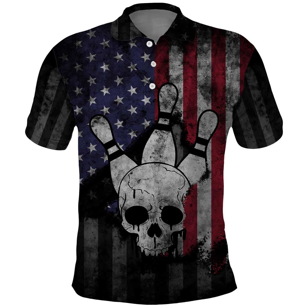 Personalized Skull Bowling Polo Shirt Distressed American Flag in Dark Grunge Design - Wonder Print Shop