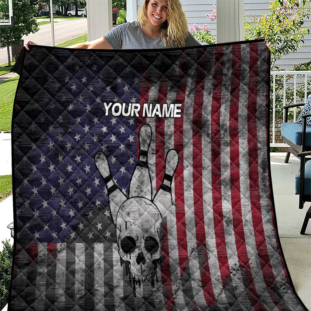 Personalized Skull Bowling Quilt Distressed American Flag in Dark Grunge Design - Wonder Print Shop