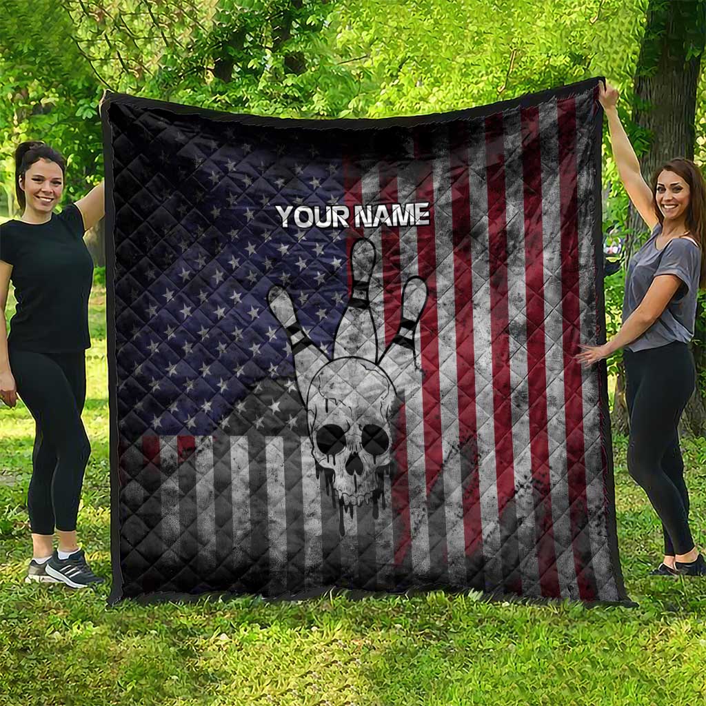 Personalized Skull Bowling Quilt Distressed American Flag in Dark Grunge Design - Wonder Print Shop