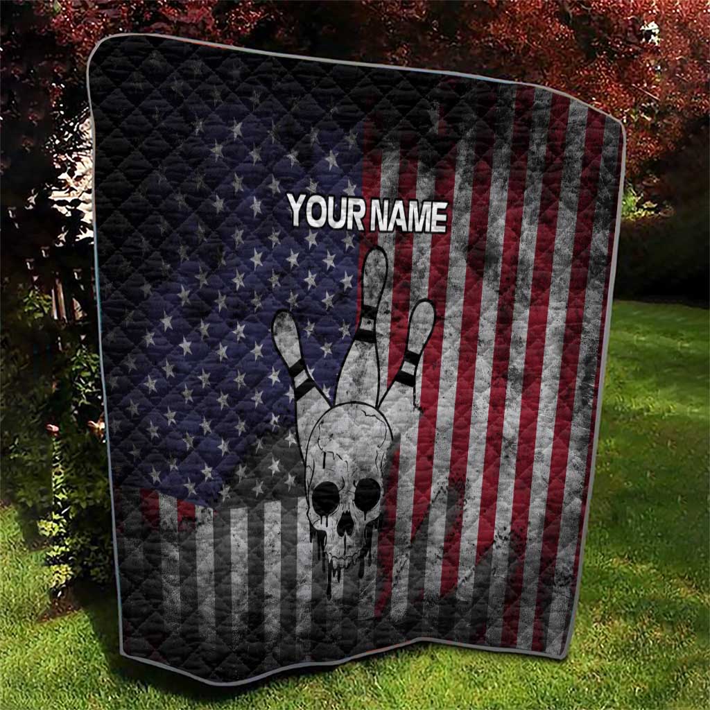 Personalized Skull Bowling Quilt Distressed American Flag in Dark Grunge Design - Wonder Print Shop