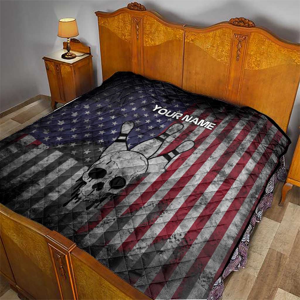 Personalized Skull Bowling Quilt Distressed American Flag in Dark Grunge Design - Wonder Print Shop