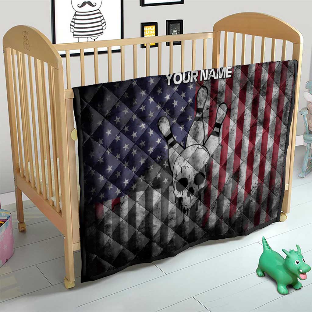 Personalized Skull Bowling Quilt Distressed American Flag in Dark Grunge Design - Wonder Print Shop