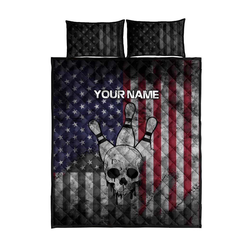 Personalized Skull Bowling Quilt Bed Set Distressed American Flag in Dark Grunge Design - Wonder Print Shop