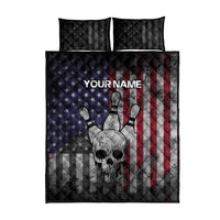 Personalized Skull Bowling Quilt Bed Set Distressed American Flag in Dark Grunge Design - Wonder Print Shop