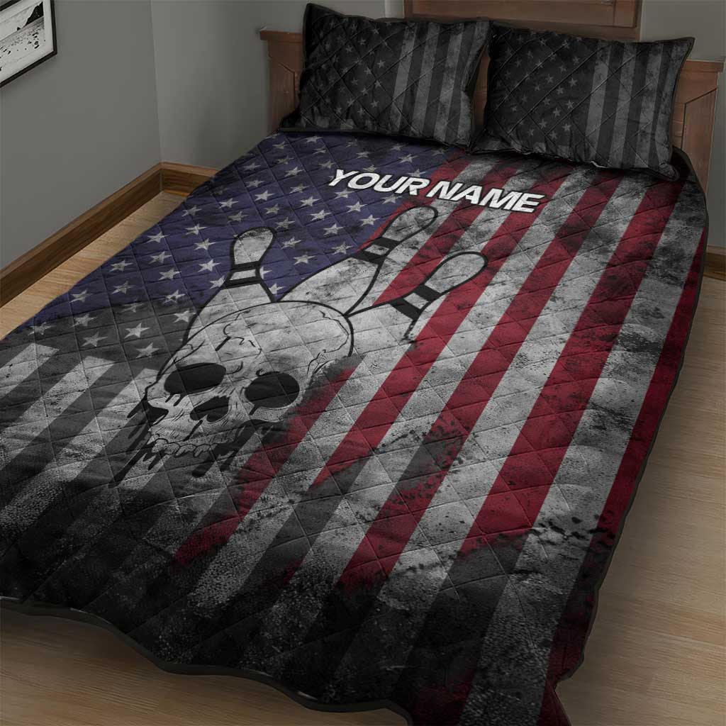 Personalized Skull Bowling Quilt Bed Set Distressed American Flag in Dark Grunge Design - Wonder Print Shop