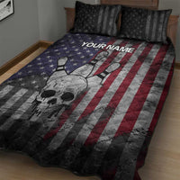 Personalized Skull Bowling Quilt Bed Set Distressed American Flag in Dark Grunge Design - Wonder Print Shop