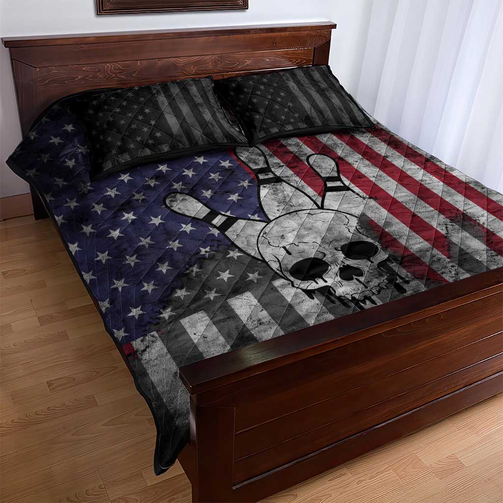 Personalized Skull Bowling Quilt Bed Set Distressed American Flag in Dark Grunge Design - Wonder Print Shop