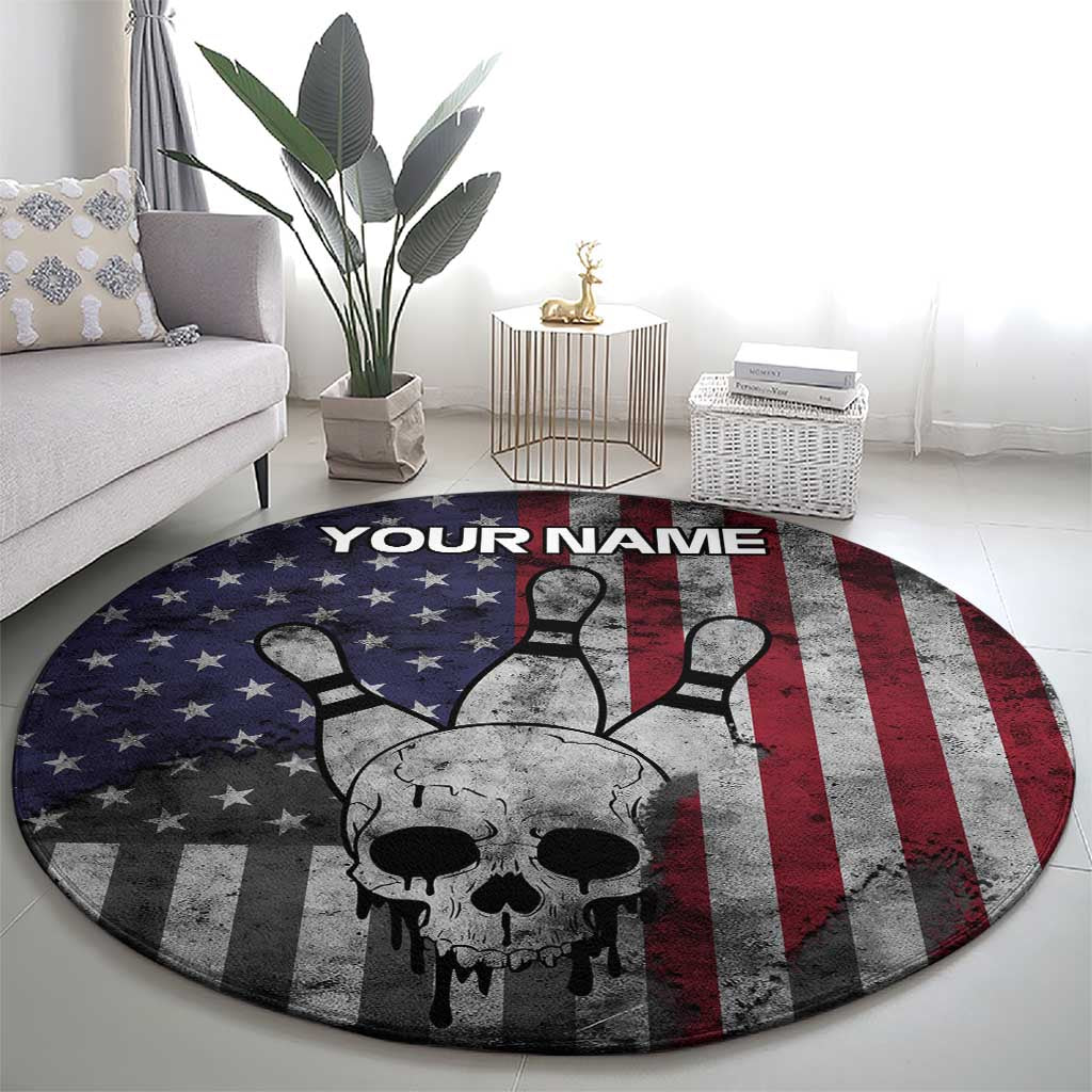 Personalized Skull Bowling Round Carpet Distressed American Flag in Dark Grunge Design - Wonder Print Shop