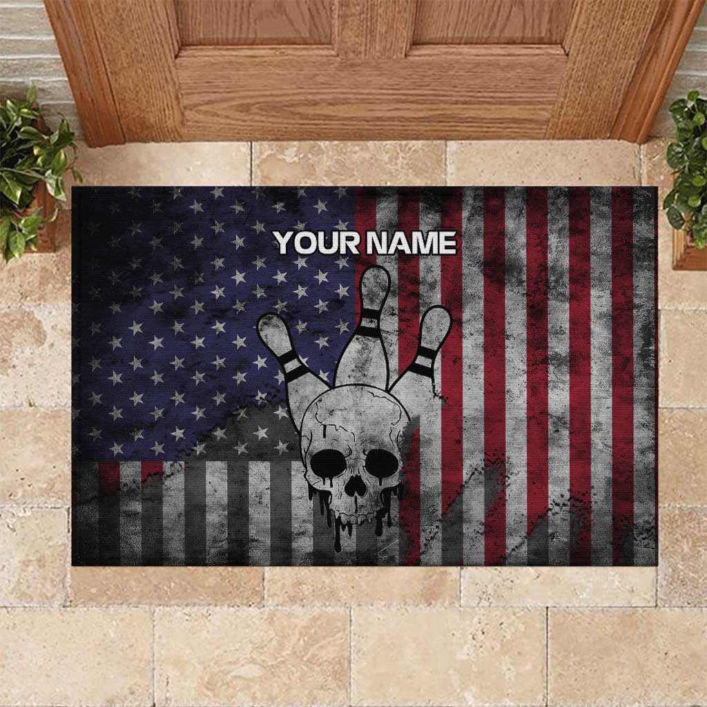 Personalized Skull Bowling Rubber Doormat Distressed American Flag in Dark Grunge Design - Wonder Print Shop