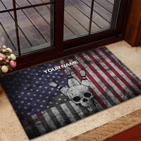 Personalized Skull Bowling Rubber Doormat Distressed American Flag in Dark Grunge Design - Wonder Print Shop