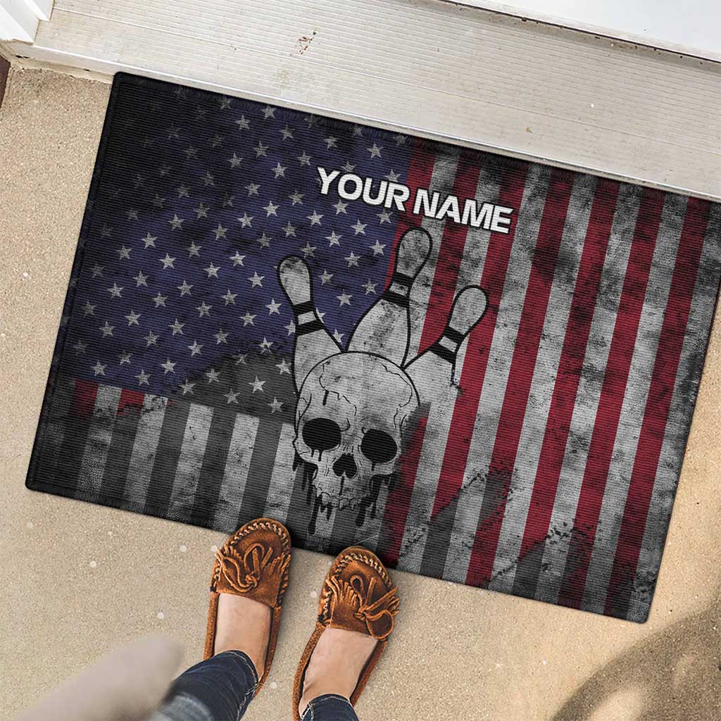 Personalized Skull Bowling Rubber Doormat Distressed American Flag in Dark Grunge Design - Wonder Print Shop