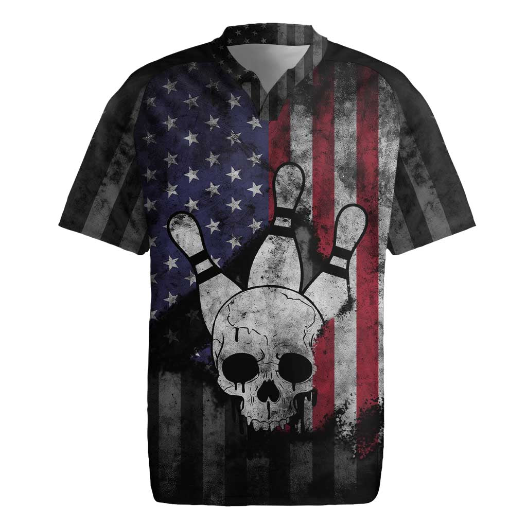 Personalized Skull Bowling Rugby Jersey Distressed American Flag in Dark Grunge Design - Wonder Print Shop
