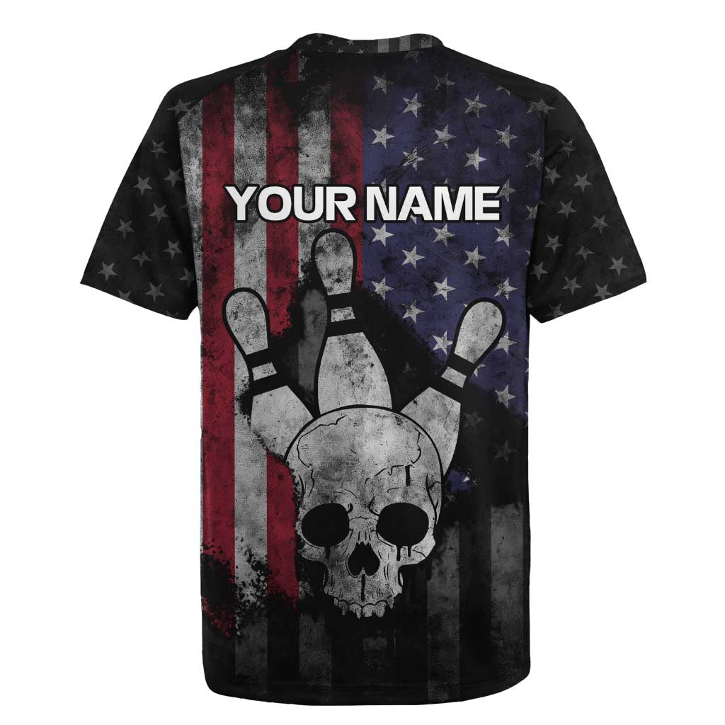 Personalized Skull Bowling Rugby Jersey Distressed American Flag in Dark Grunge Design - Wonder Print Shop