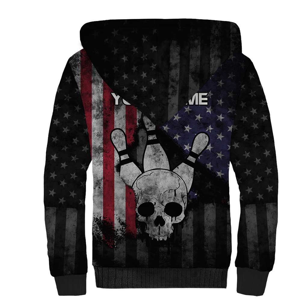 Personalized Skull Bowling Sherpa Hoodie Distressed American Flag in Dark Grunge Design - Wonder Print Shop