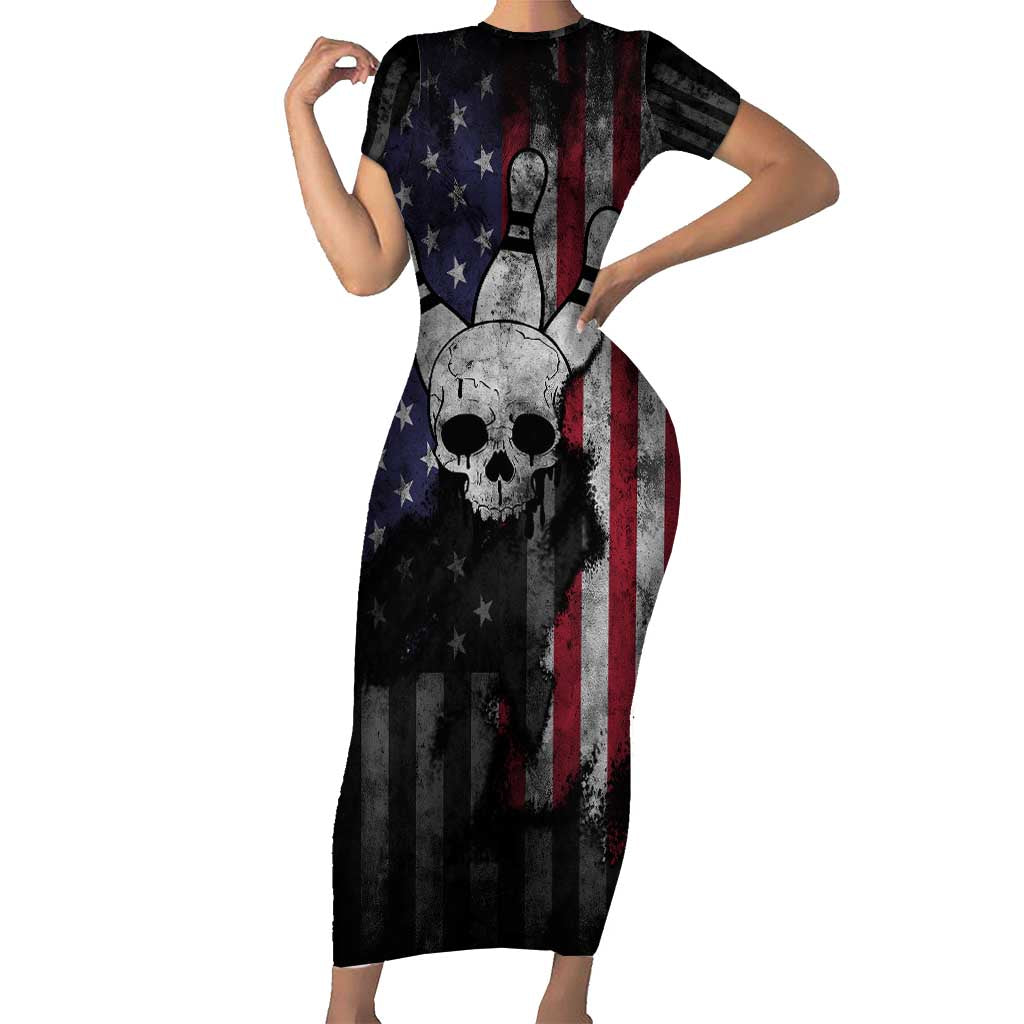 Personalized Skull Bowling Short Sleeve Bodycon Dress Distressed American Flag in Dark Grunge Design - Wonder Print Shop