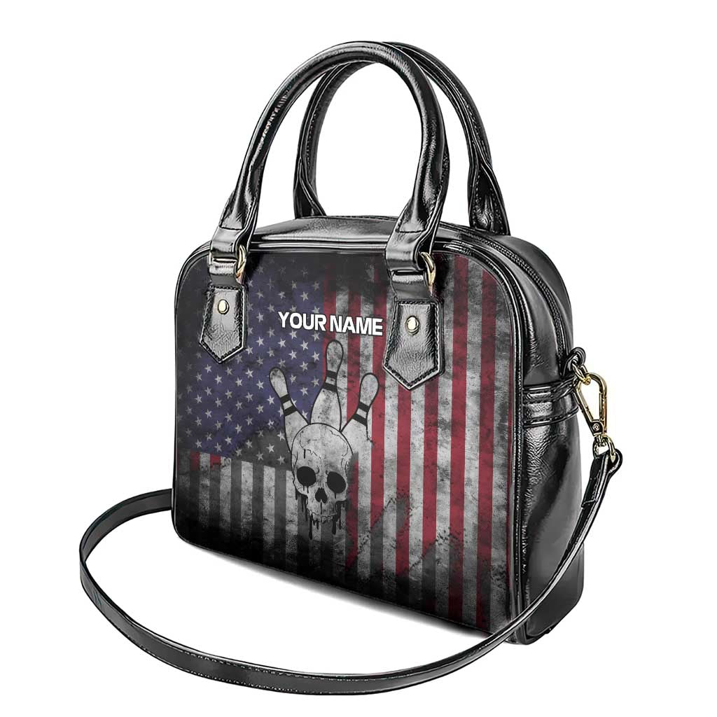 Personalized Skull Bowling Shoulder Handbag Distressed American Flag in Dark Grunge Design - Wonder Print Shop