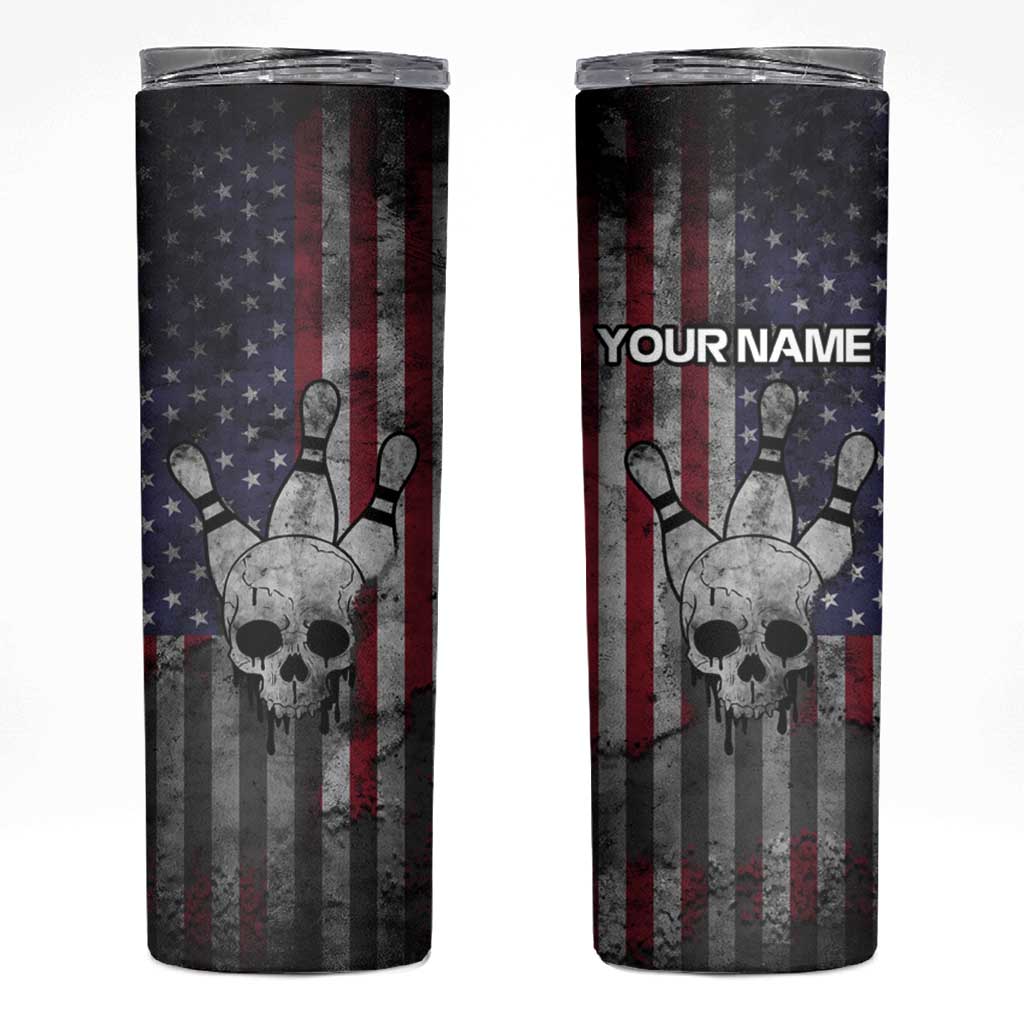 Personalized Skull Bowling Skinny Tumbler Distressed American Flag in Dark Grunge Design - Wonder Print Shop