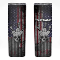 Personalized Skull Bowling Skinny Tumbler Distressed American Flag in Dark Grunge Design - Wonder Print Shop