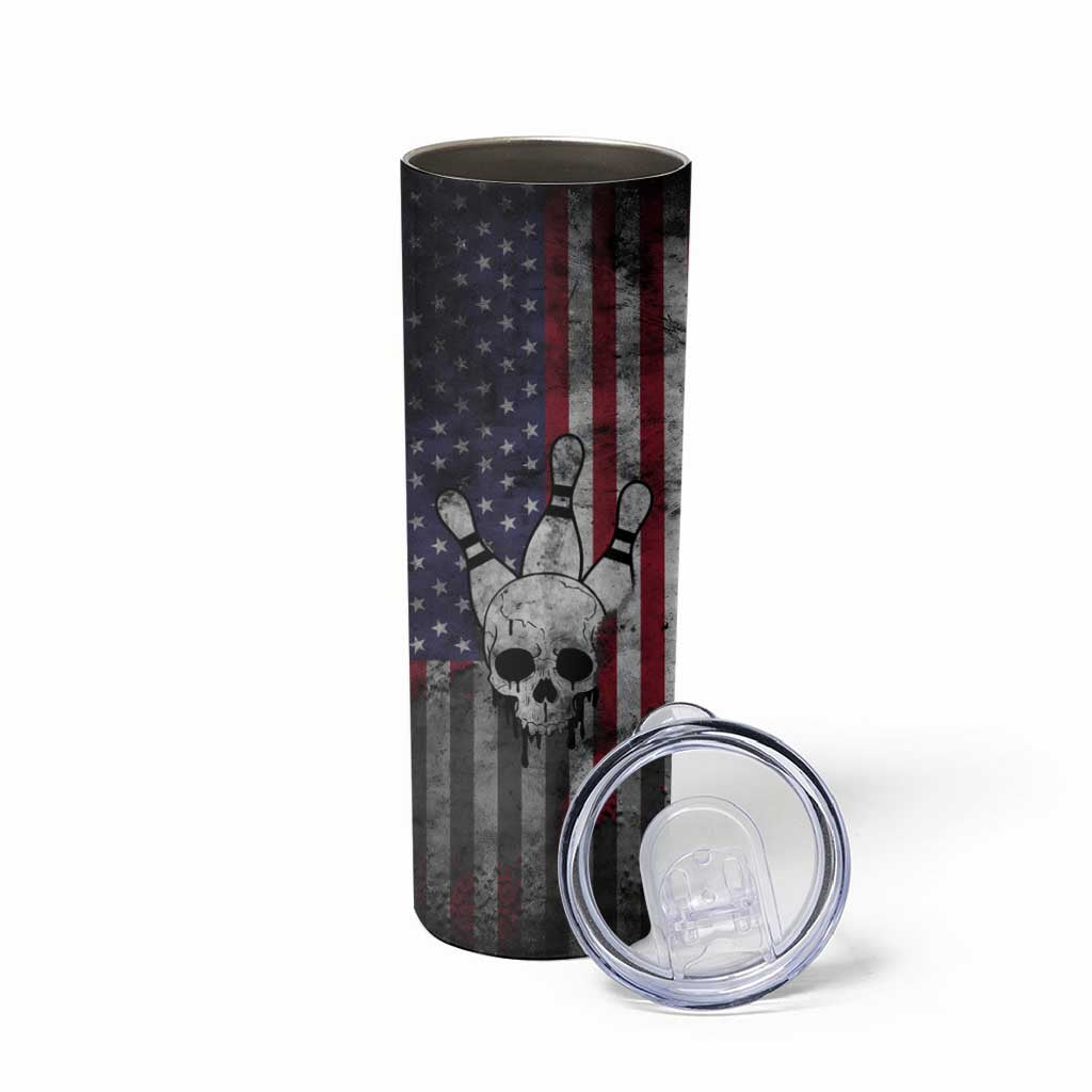 Personalized Skull Bowling Skinny Tumbler Distressed American Flag in Dark Grunge Design - Wonder Print Shop