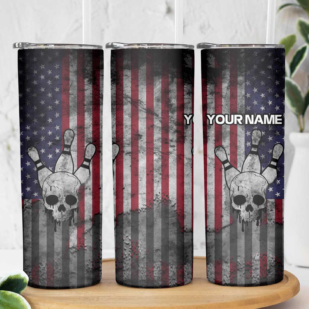 Personalized Skull Bowling Skinny Tumbler Distressed American Flag in Dark Grunge Design - Wonder Print Shop