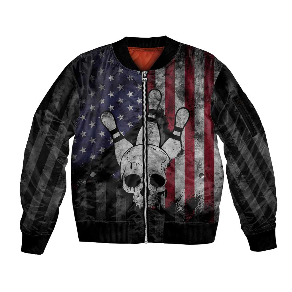 Personalized Skull Bowling Sleeve Zip Bomber Jacket Distressed American Flag in Dark Grunge Design - Wonder Print Shop
