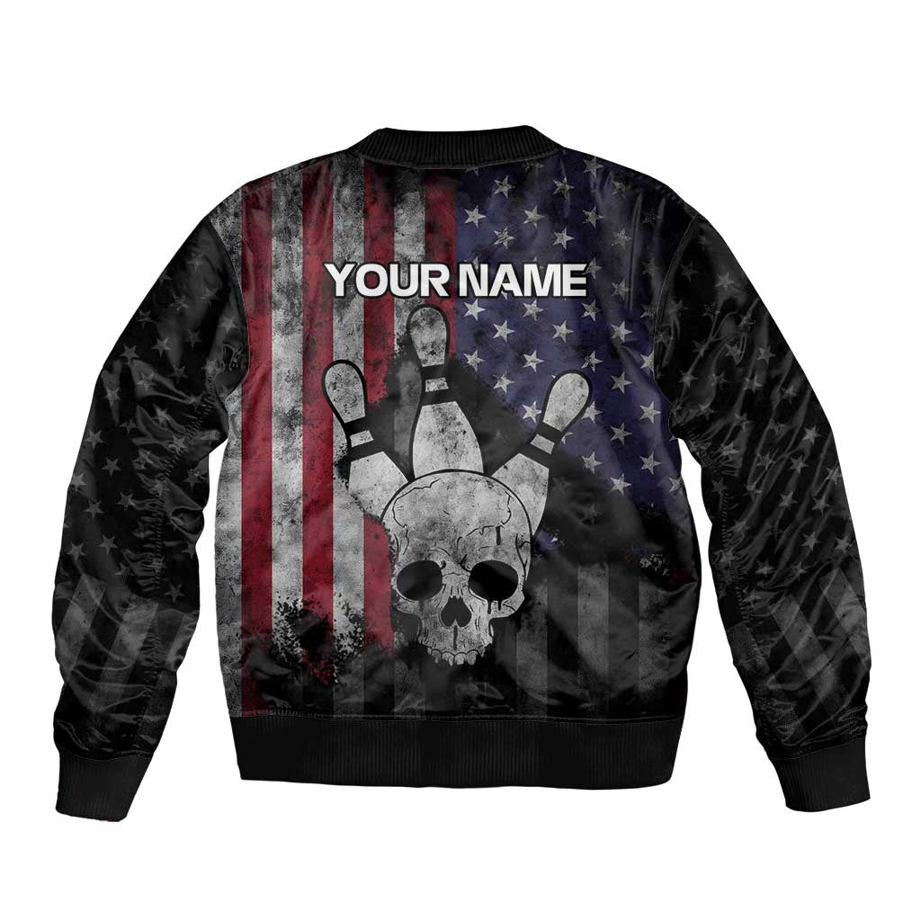 Personalized Skull Bowling Sleeve Zip Bomber Jacket Distressed American Flag in Dark Grunge Design - Wonder Print Shop