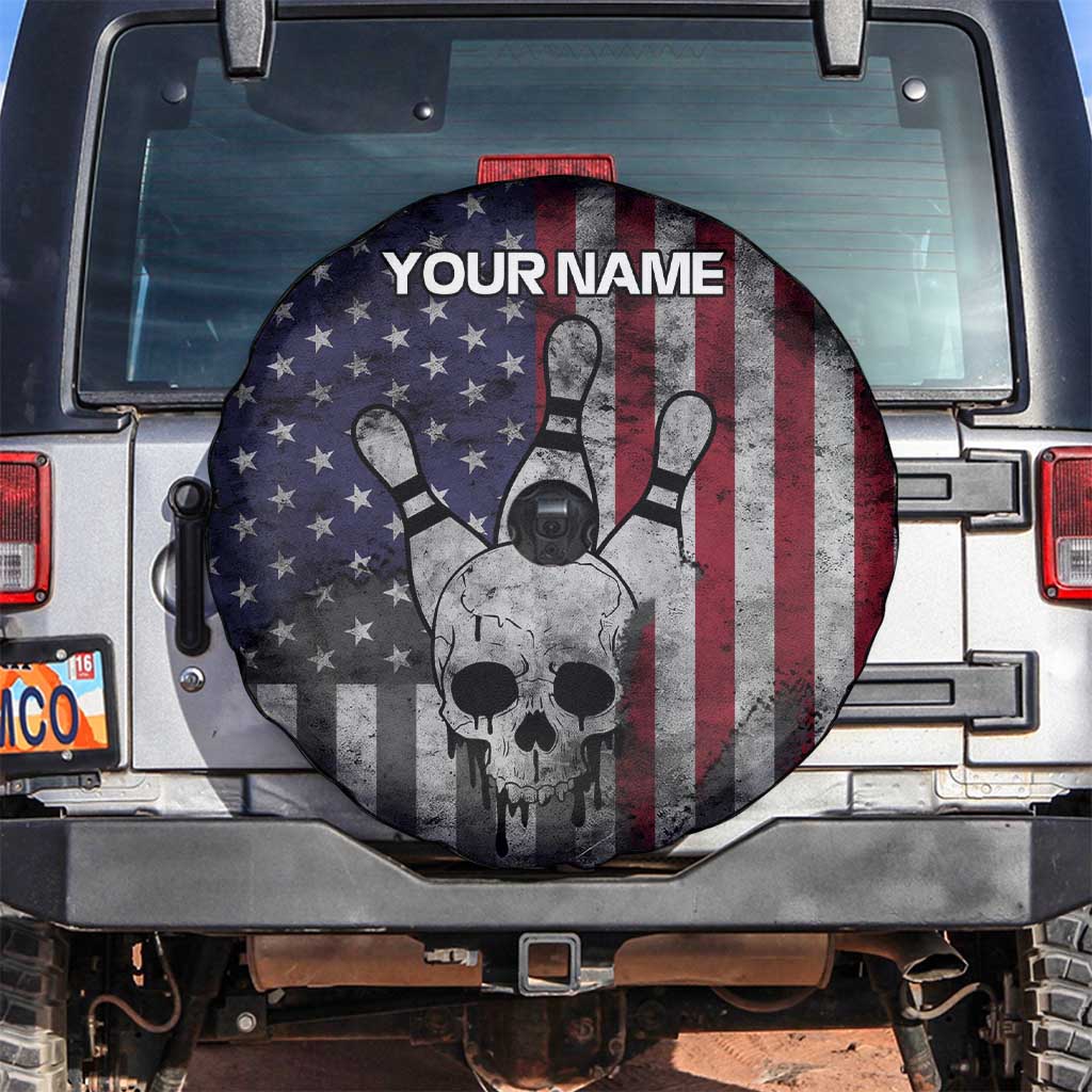 Personalized Skull Bowling Spare Tire Cover Distressed American Flag in Dark Grunge Design - Wonder Print Shop