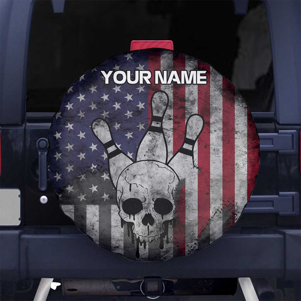 Personalized Skull Bowling Spare Tire Cover Distressed American Flag in Dark Grunge Design - Wonder Print Shop