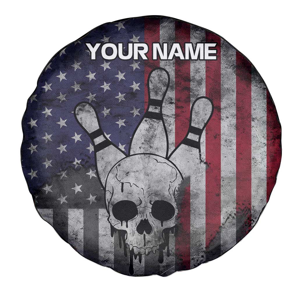 Personalized Skull Bowling Spare Tire Cover Distressed American Flag in Dark Grunge Design - Wonder Print Shop