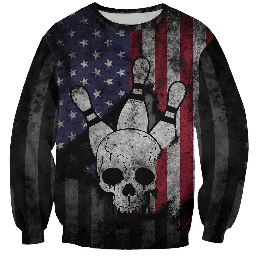 Personalized Skull Bowling Sweatshirt Distressed American Flag in Dark Grunge Design - Wonder Print Shop