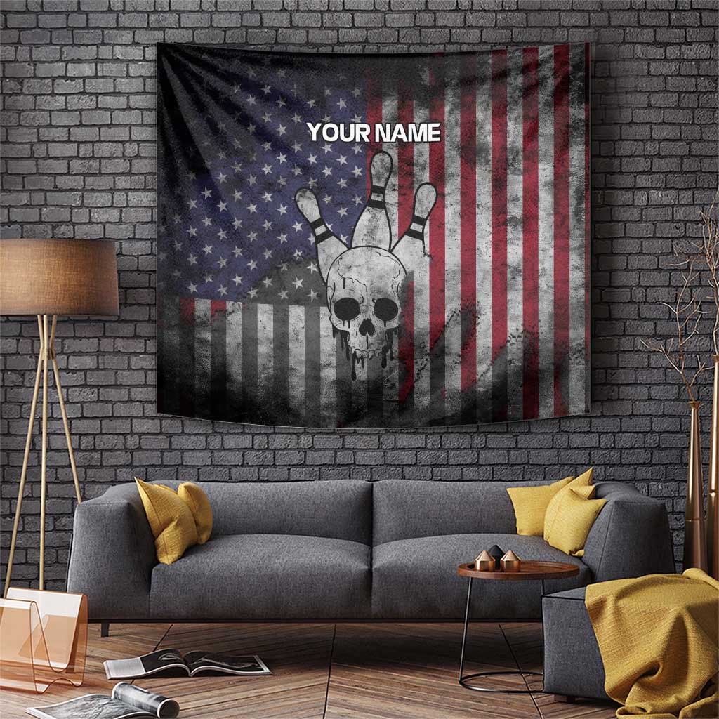 Personalized Skull Bowling Tapestry Distressed American Flag in Dark Grunge Design - Wonder Print Shop