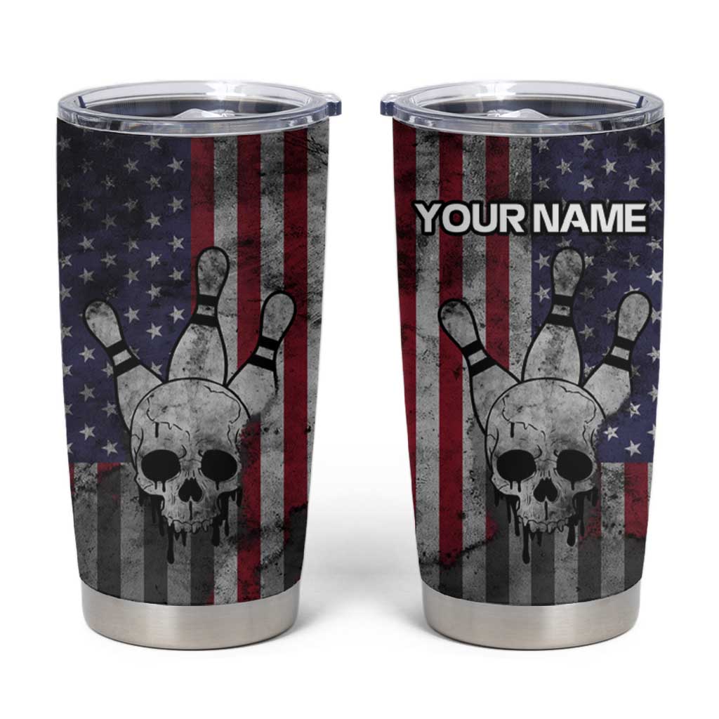Personalized Skull Bowling Tumbler Cup Distressed American Flag in Dark Grunge Design - Wonder Print Shop