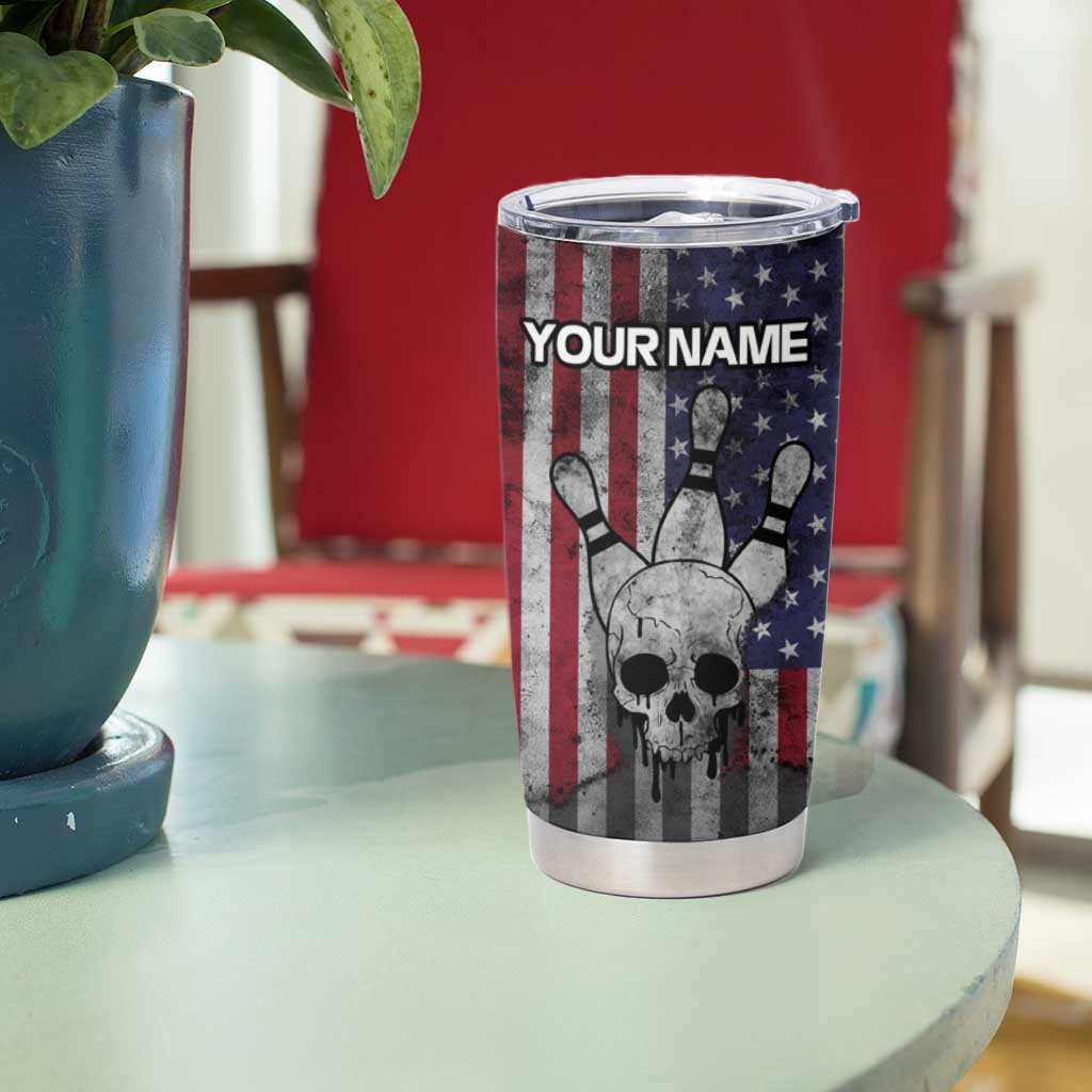 Personalized Skull Bowling Tumbler Cup Distressed American Flag in Dark Grunge Design - Wonder Print Shop