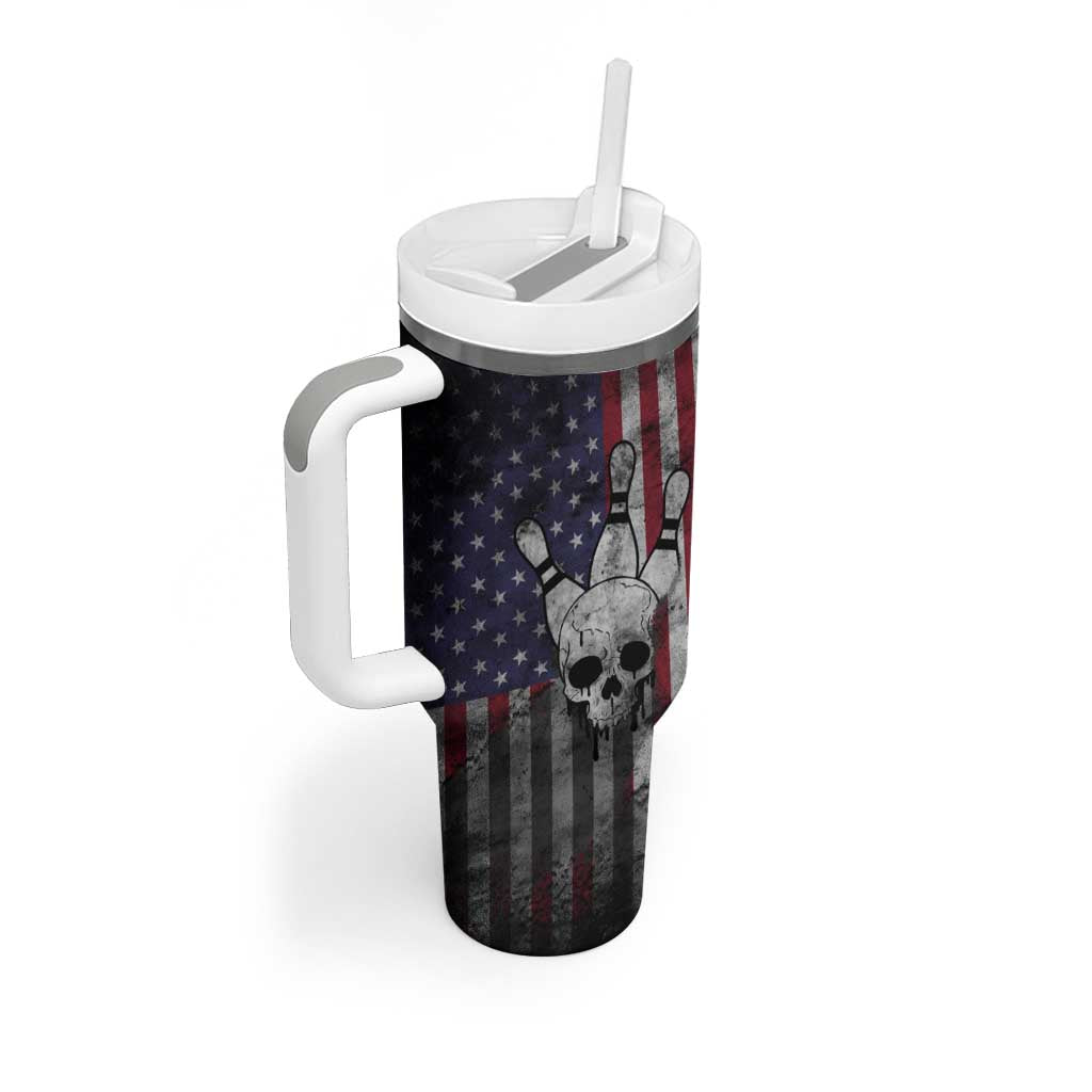 Personalized Skull Bowling Tumbler With Handle Distressed American Flag in Dark Grunge Design - Wonder Print Shop