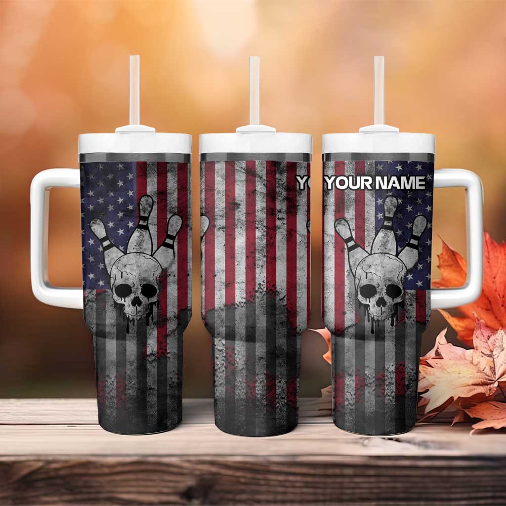 Personalized Skull Bowling Tumbler With Handle Distressed American Flag in Dark Grunge Design - Wonder Print Shop