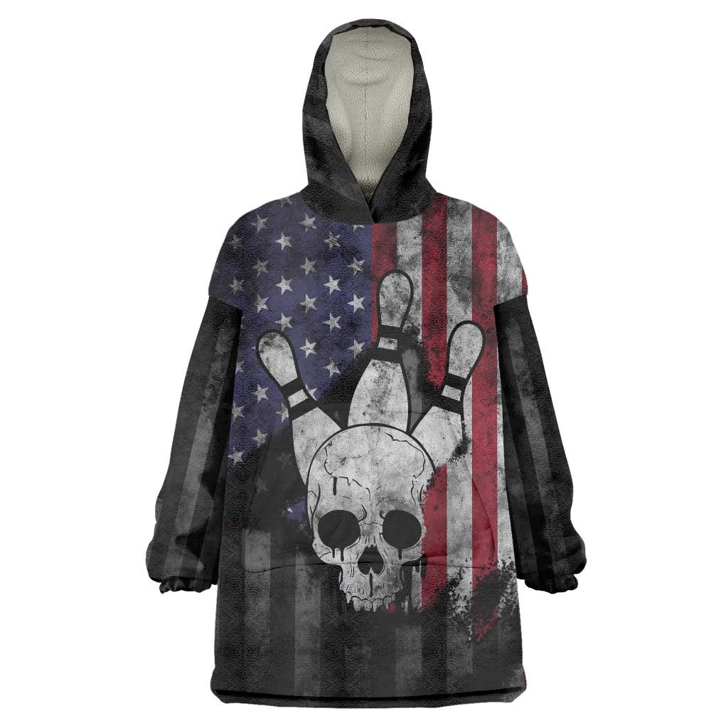 Personalized Skull Bowling Wearable Blanket Hoodie Distressed American Flag in Dark Grunge Design - Wonder Print Shop