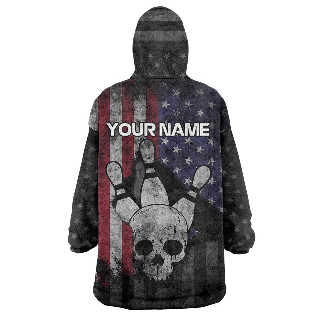 Personalized Skull Bowling Wearable Blanket Hoodie Distressed American Flag in Dark Grunge Design - Wonder Print Shop