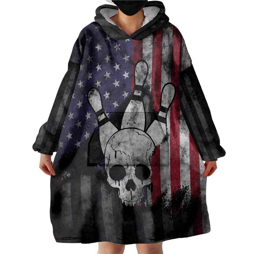 Personalized Skull Bowling Wearable Blanket Hoodie Distressed American Flag in Dark Grunge Design - Wonder Print Shop