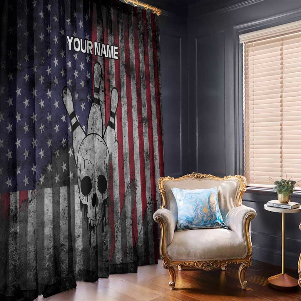 Personalized Skull Bowling Window Curtain Distressed American Flag in Dark Grunge Design - Wonder Print Shop
