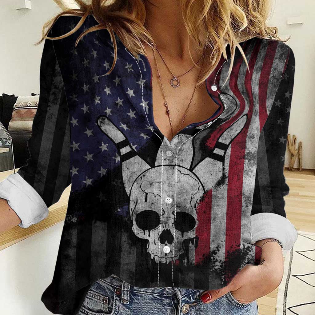Personalized Skull Bowling Women Casual Shirt Distressed American Flag in Dark Grunge Design - Wonder Print Shop